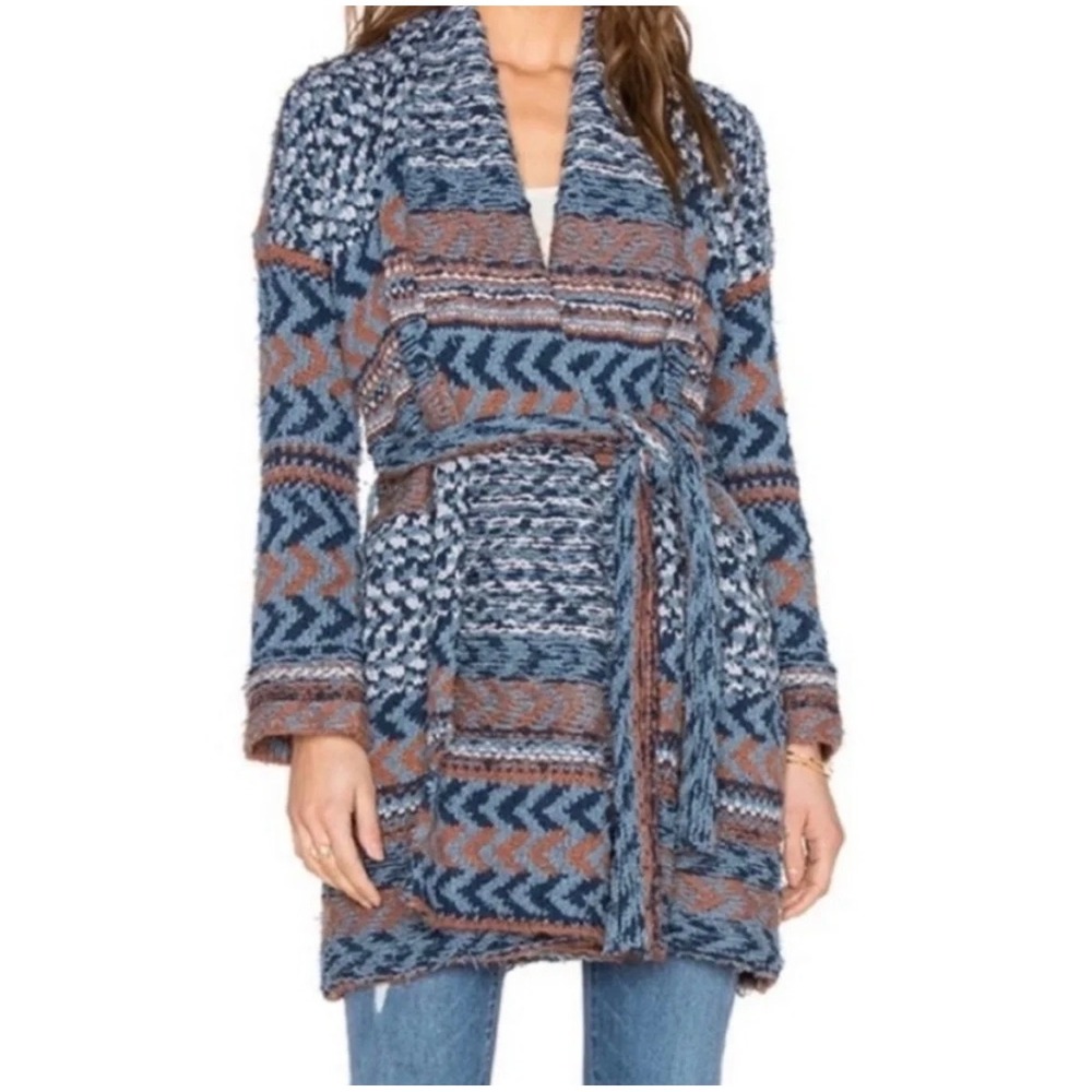 Free People Blue Copper Intarsia Knit Belted Shawl Collar Cardigan Sweater